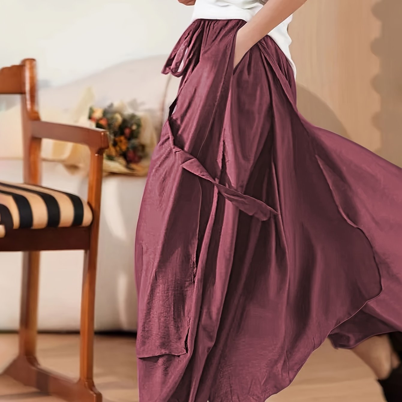 E-shop Einfarbige Designer-Hose mit breitem Bund, modische elegante Damenhose