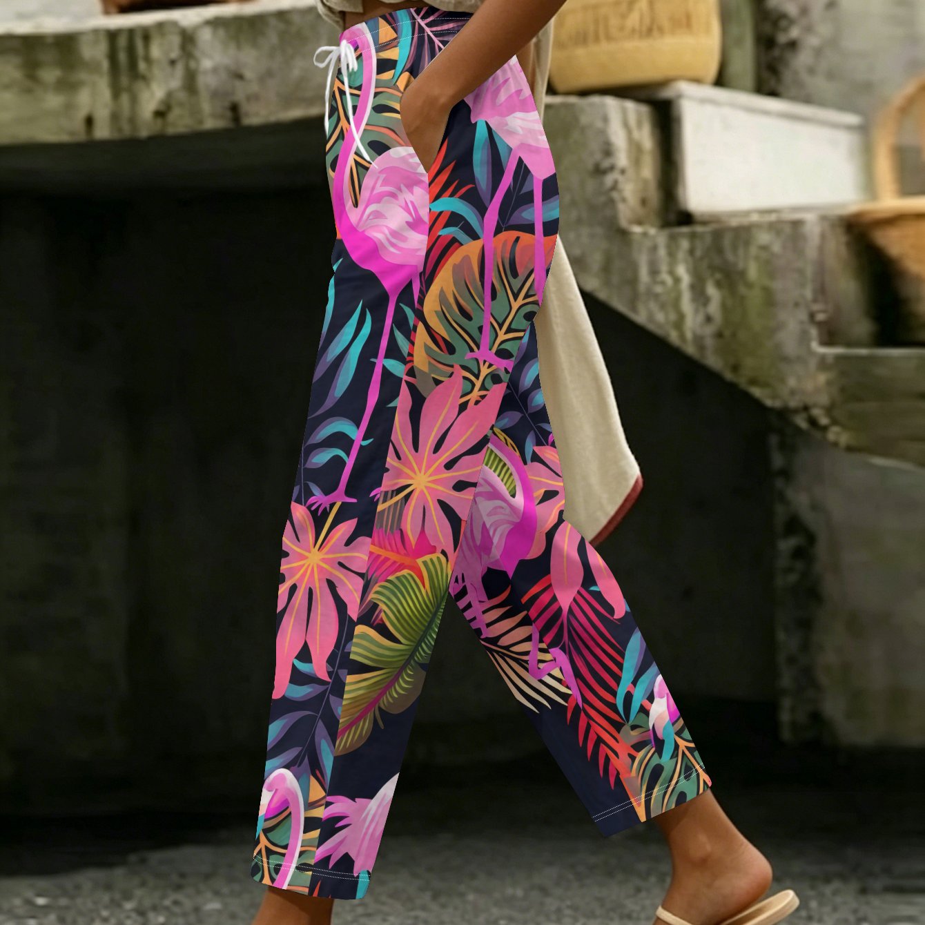 TEMU Women's Casual Trousers With Tropical Flamingo And Colorful Palm Leaves, Trendy Style Daily Casual Fashion Women's Clothing, Craft, Essential