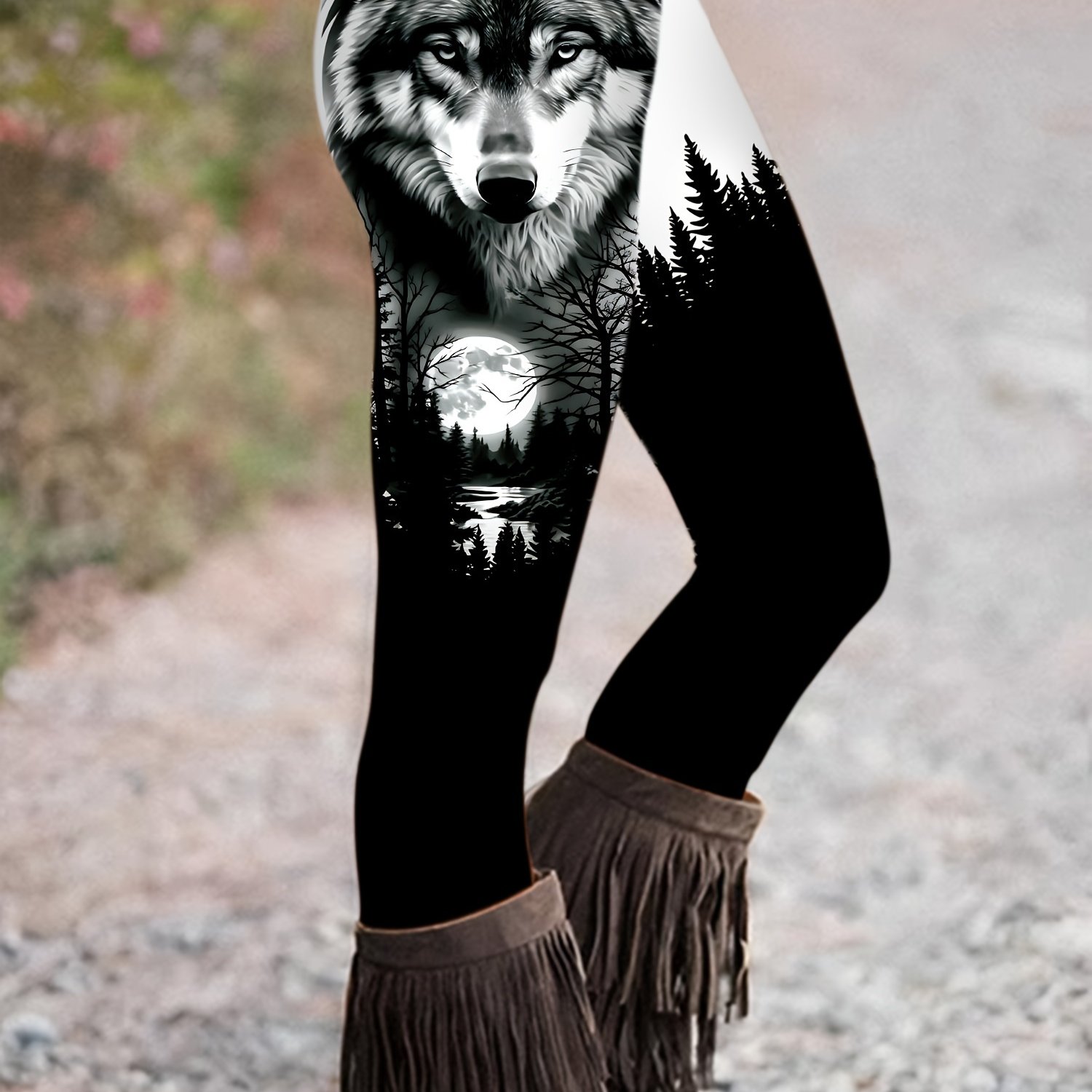 Image of Women's Wolf Print Stretch Leggings - High Waist, Fit, Polyester, Machine Washable, Wear, High Waisted Leggings