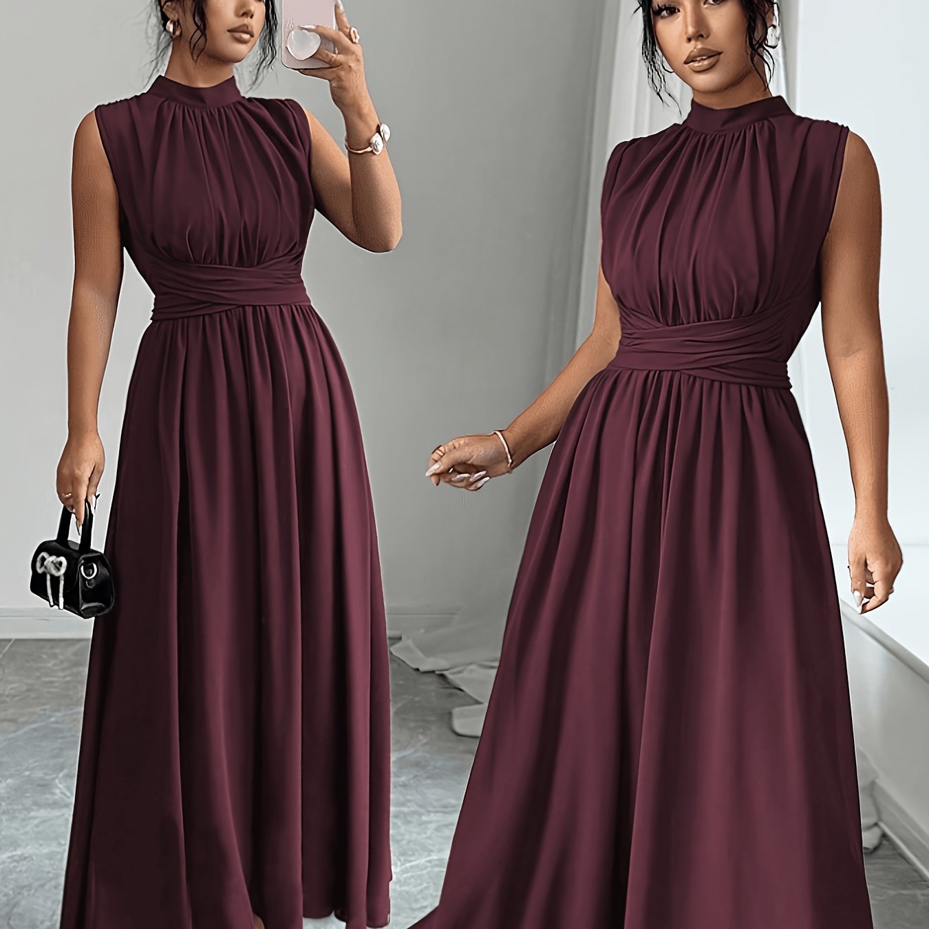 TEMU Women's Elegant Evening Gown, French Stand Collar Cross-lace Waist Sleeveless A-line Long Party Bridesmaid Dress