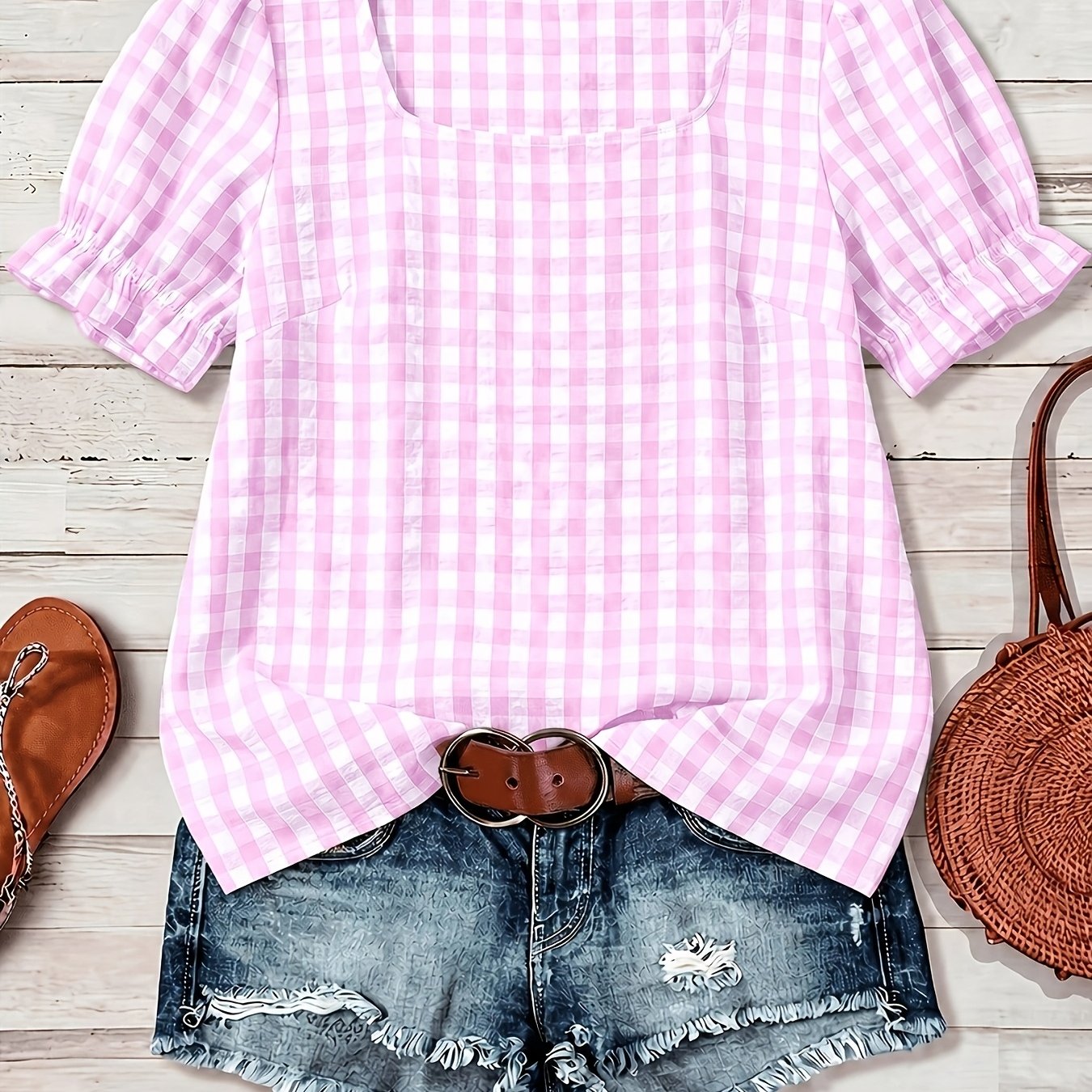 TEMU Plus Size Women's Summer Shirt, Short Sleeve Square Neck Women's Top