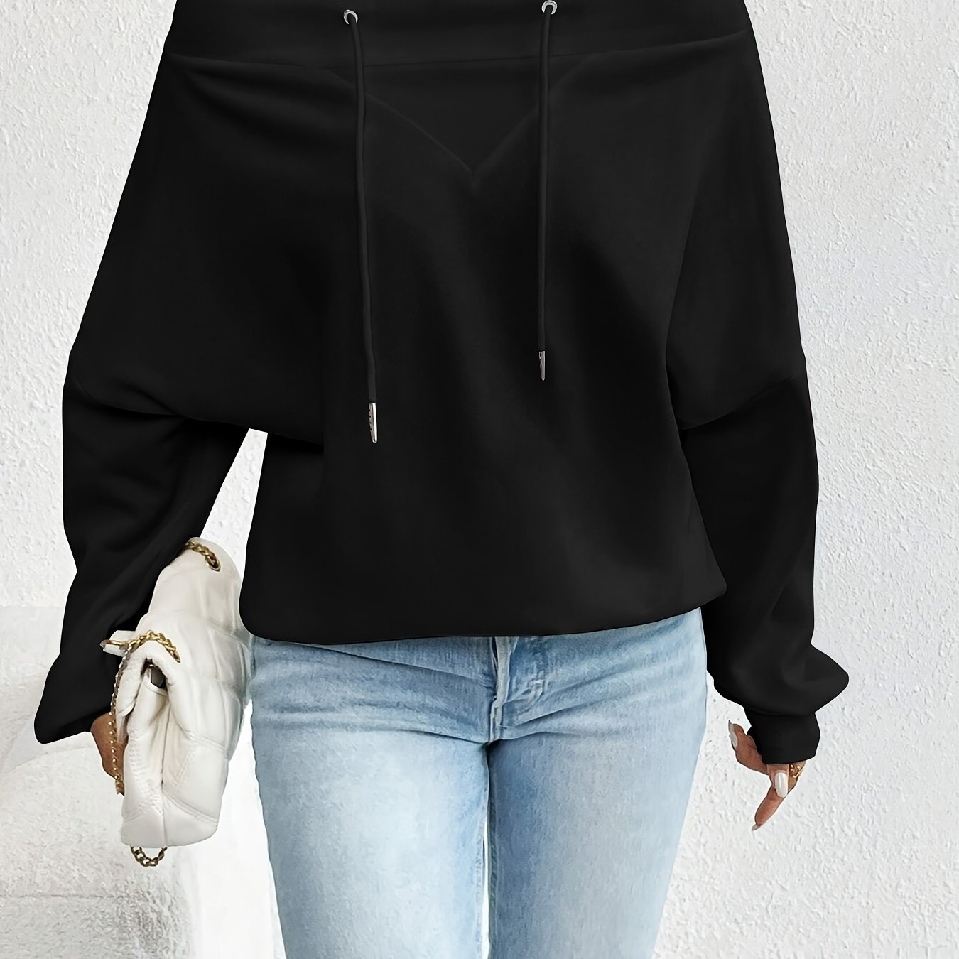 Targeted Autumn Winter New Women's Loose Casual Drawstring Off-shoulder Square Neck Top