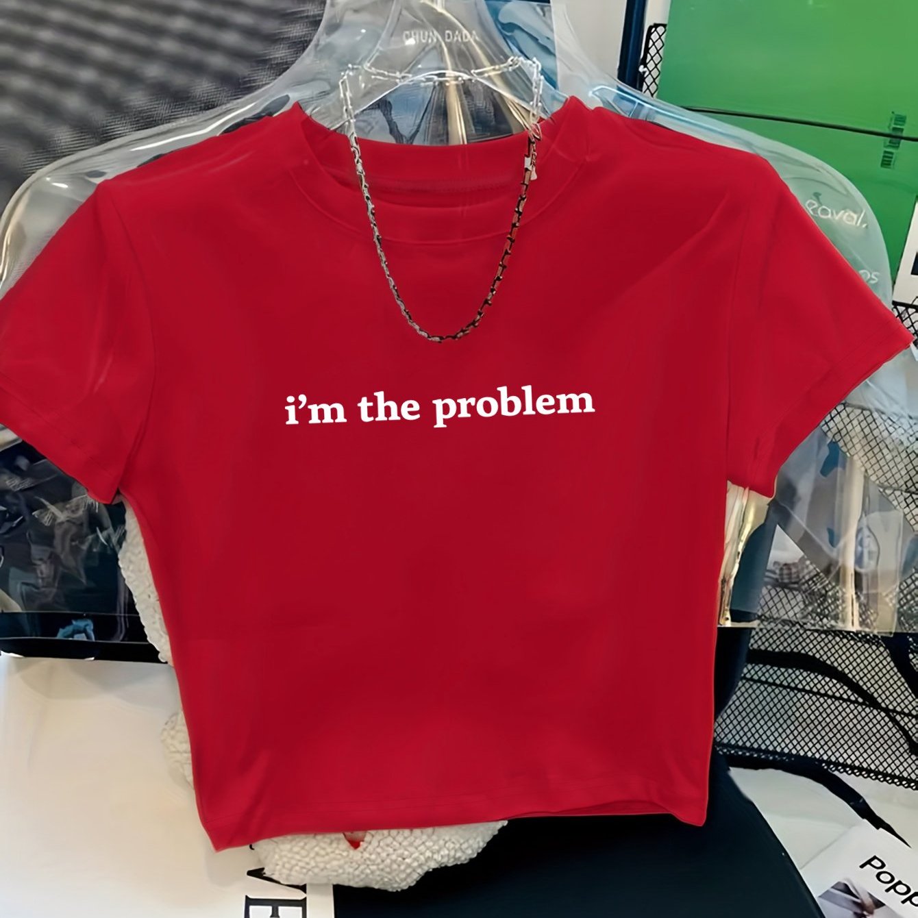 TEMU Women's Y2k High-waisted Short-sleeve T-shirt For Spring/summer, Printed With "im The Problem", Versatile , Daily Layering, Simple
