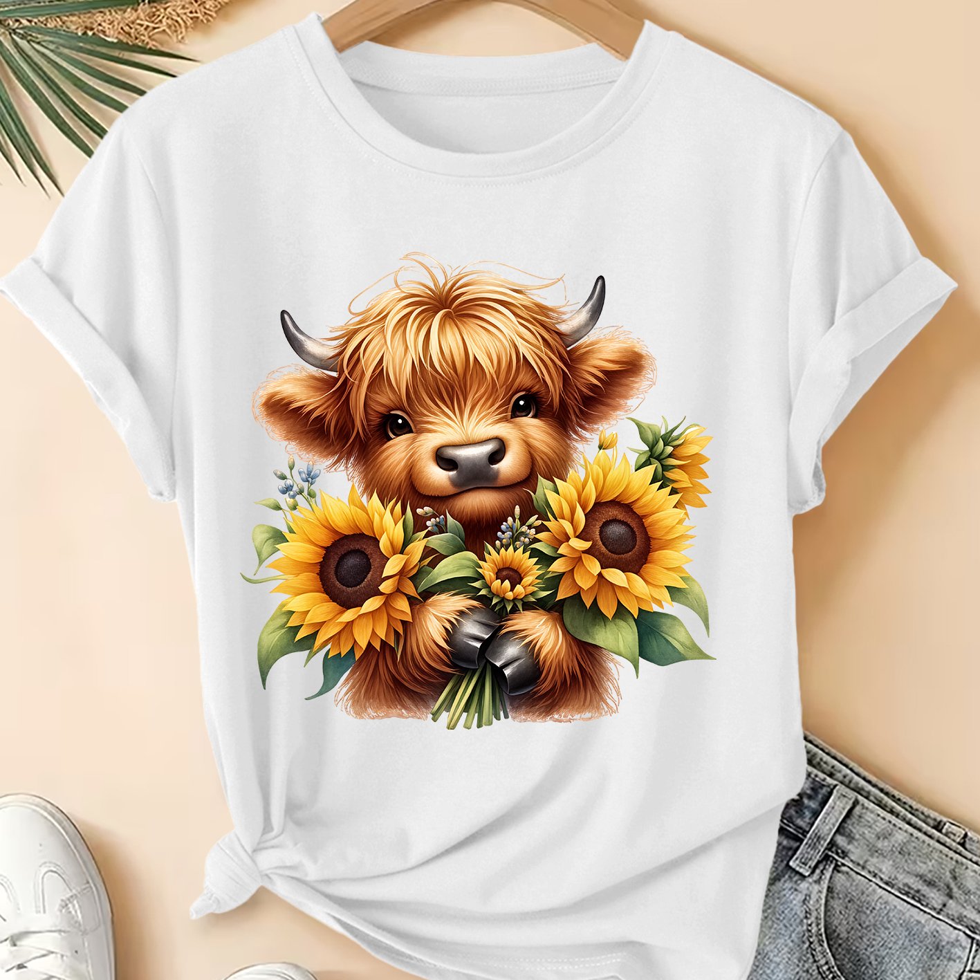 TEMU Women's Summer Clothing, Highland Cow Sunflower Printed Round Neck Short Sleeve Plus Size Friendly Women's T-shirt, Fashionable Commuting