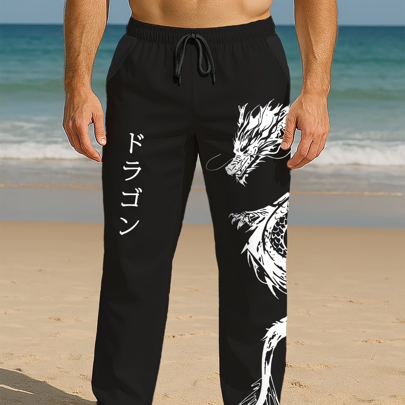Image of Chinese Style Dragon Print Trousers, Outdoor Sports Trousers, Black Elastic Waist Drawstring Trousers