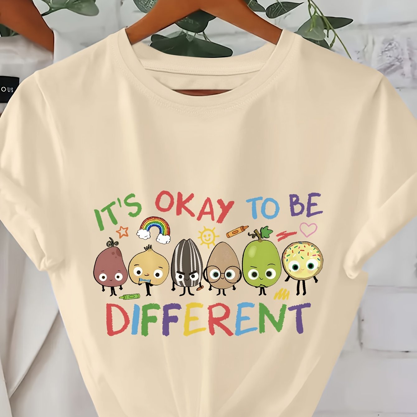 TEMU "it's Okay To " Letter Print T-shirt, Women's Casual Short Sleeve Top, Regular Neck, Suitable For Spring And Summer