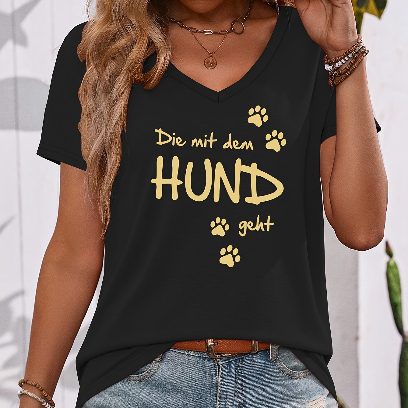 TEMU Ein niedliches und gemütliches Pfotenabdruck-Design kombiniert mit der deutschen "Die, die mit dem Hund geht" auf einem bunten