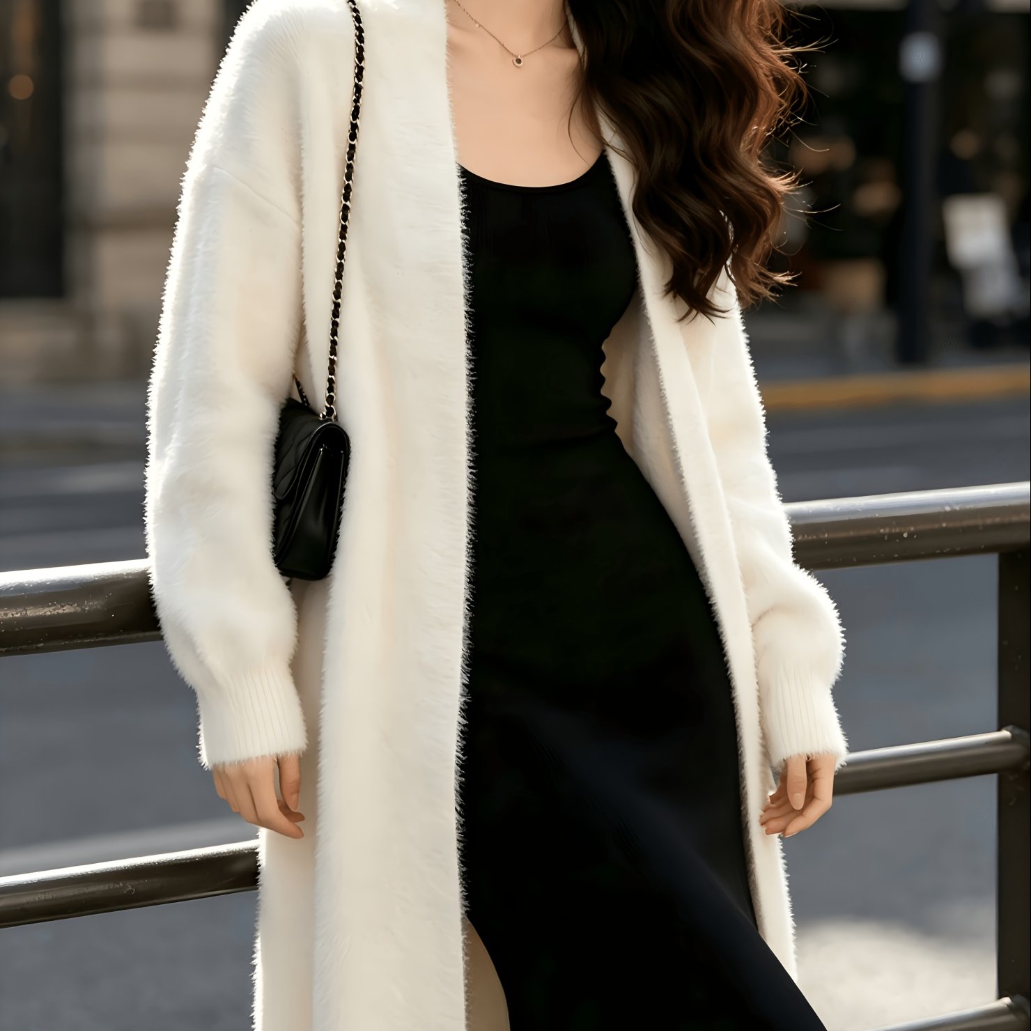 TEMU Autumn And Winter White Fluffy Mid-length Cardigan Coat, Lazy Style Loose And Outerwear Cardigan For Women