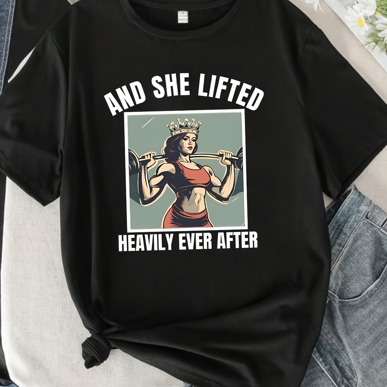 Women&#39;s &quot;AND SHE LIFTED HEAVILY EVER AFTER&quot; Graphic Fitness T-Shirt, Short Sleeve Summer Casual Top, Polyester Blend, White, Machine Washable, Medium Stretch, Lightweight &amp; Comfortable, Workout Accessories