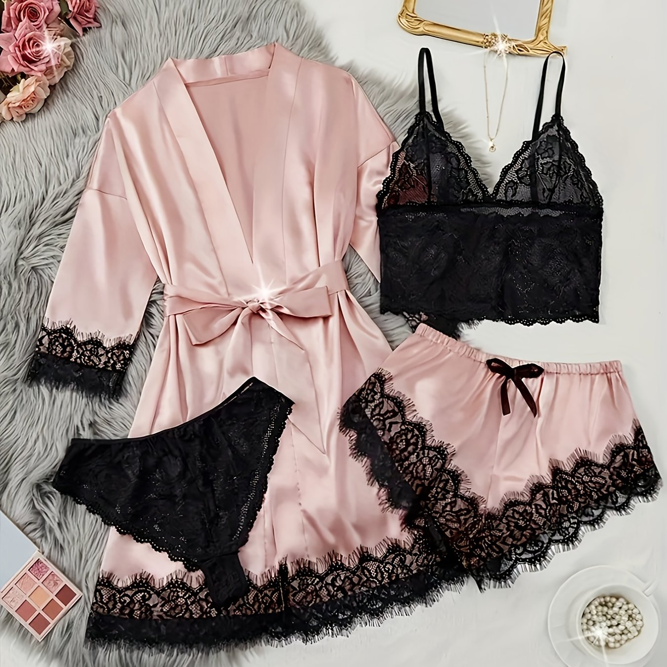 TEMU Women's Satin Fabric Pajama Set, Floral Lace Camisole Sleepwear And Robe 4pcs Set, Sexy Plus Size Nightwear With Pants And Belt, Loungewear