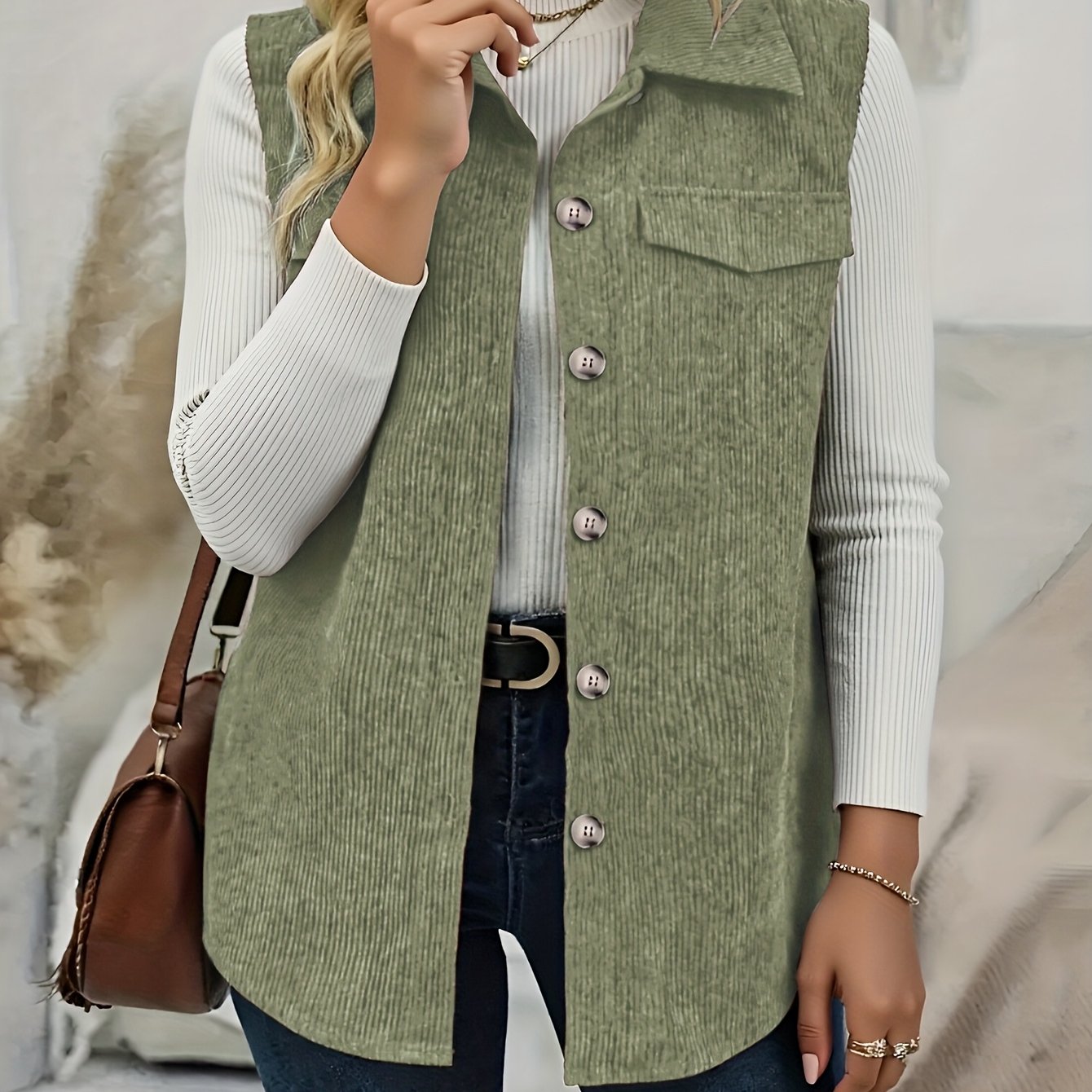 TEMU Plus Size - Plus-size Women' Color Button-front Corduroy Vest, An Elegant Sleeveless Top With A Curved Hem, Women's Clothing.