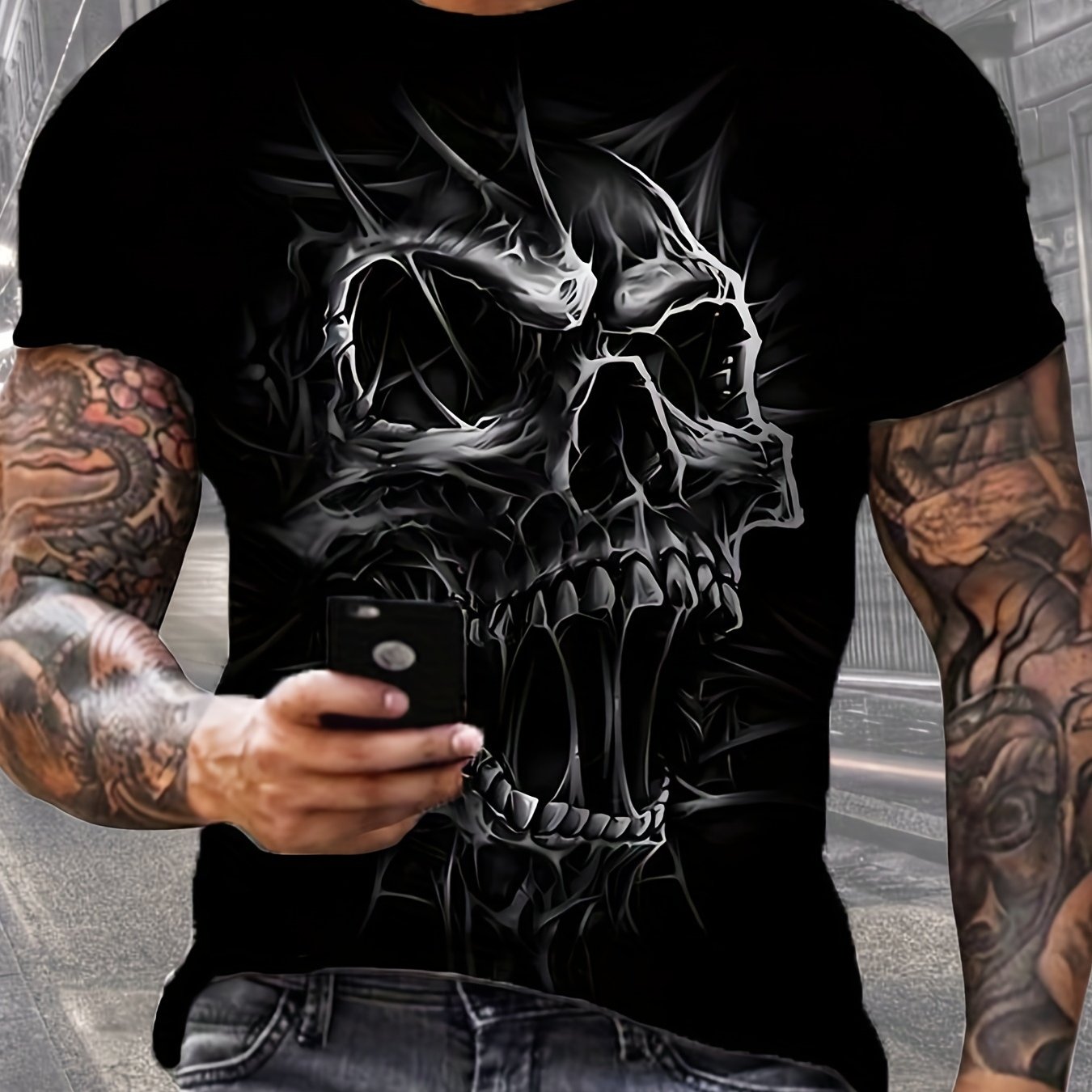 Plus-size Men's Stylish Gothic Skull Graphic Tee- Black Crew Neck Short Sleeve Shirt Featuring A 3d Skull Design, Made From Stretchy, Machine Washable, Regular Fit Casual Wear For , In Plus Sizes