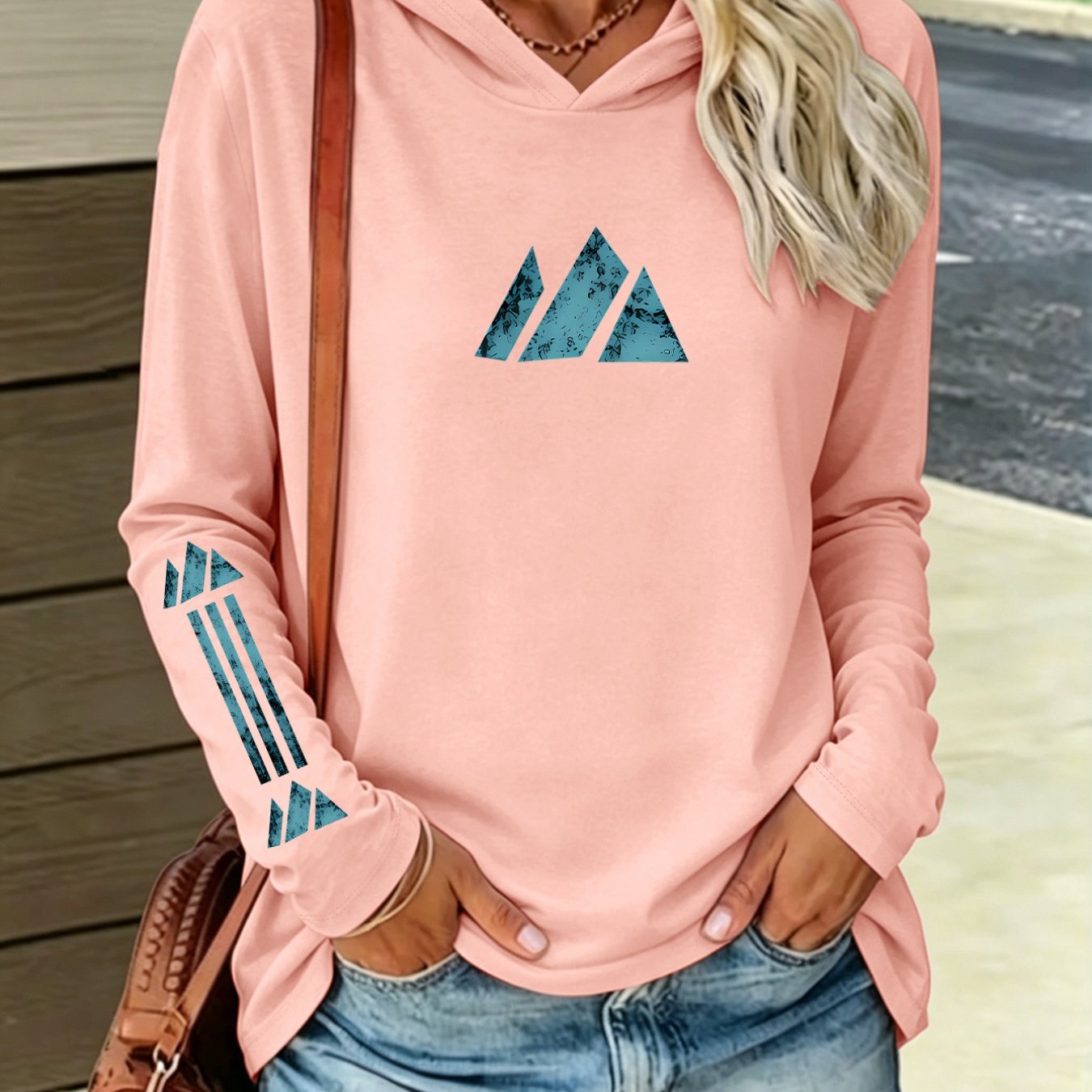 TEMU 1pc Hooded Long Sleeve With Geometric Pattern Detail, Style For Casual Wear, New Y2k Style Women's Casual Athletic Top, Elegant And Trendy