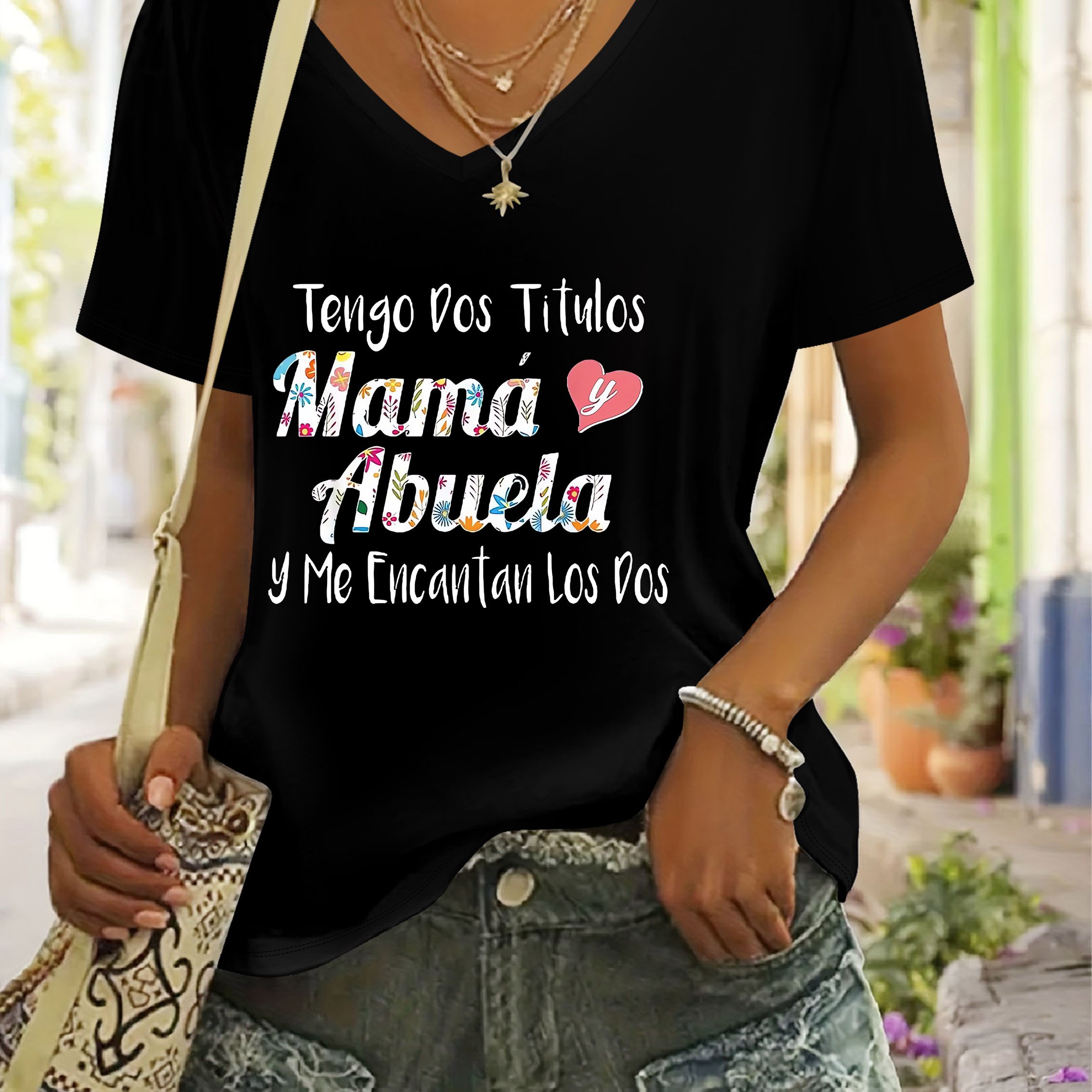 TEMU Camiseta de manga corta con cuello en V para mujer, estilo casual de moda verano, camiseta multicolor con estampado de temática "Mama Y ",