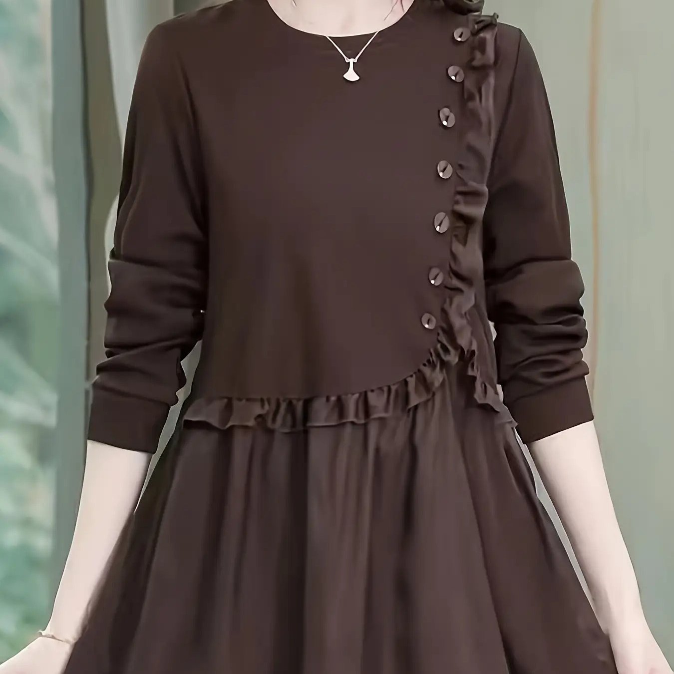 TEMU レディース ロングスリーブシャツ フリル＆フロントボタンデザイン - 春秋用 ピュアブラウン トップ 洗濯機対応 カジュアルセミル ホリデーウェア 装飾ボタンディテール 遮光生地