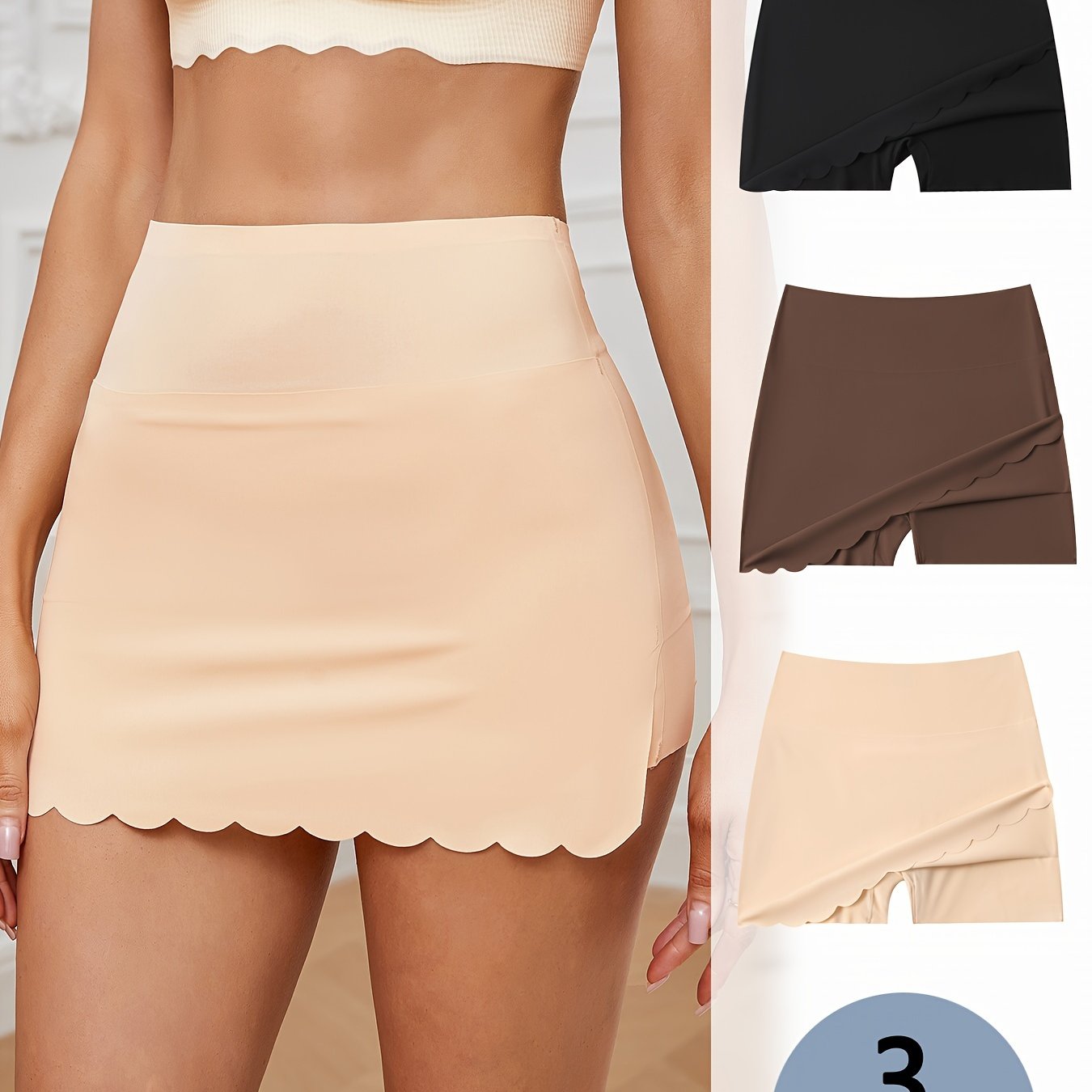 3pcs Wavy Hem, Comfortable And Breathable Fabric Seamless Women's Short Skort Panties