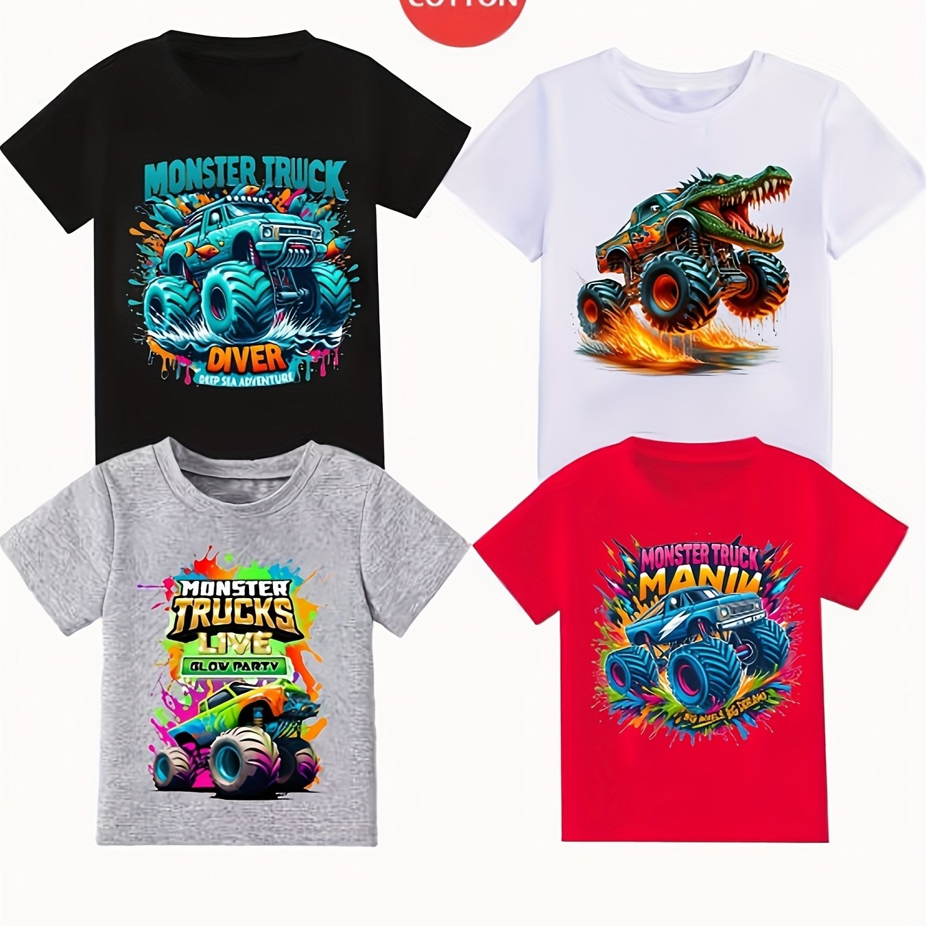 Boys' Monster Truck Graphic T-shirts 4-pc, 100% Fashion Tees