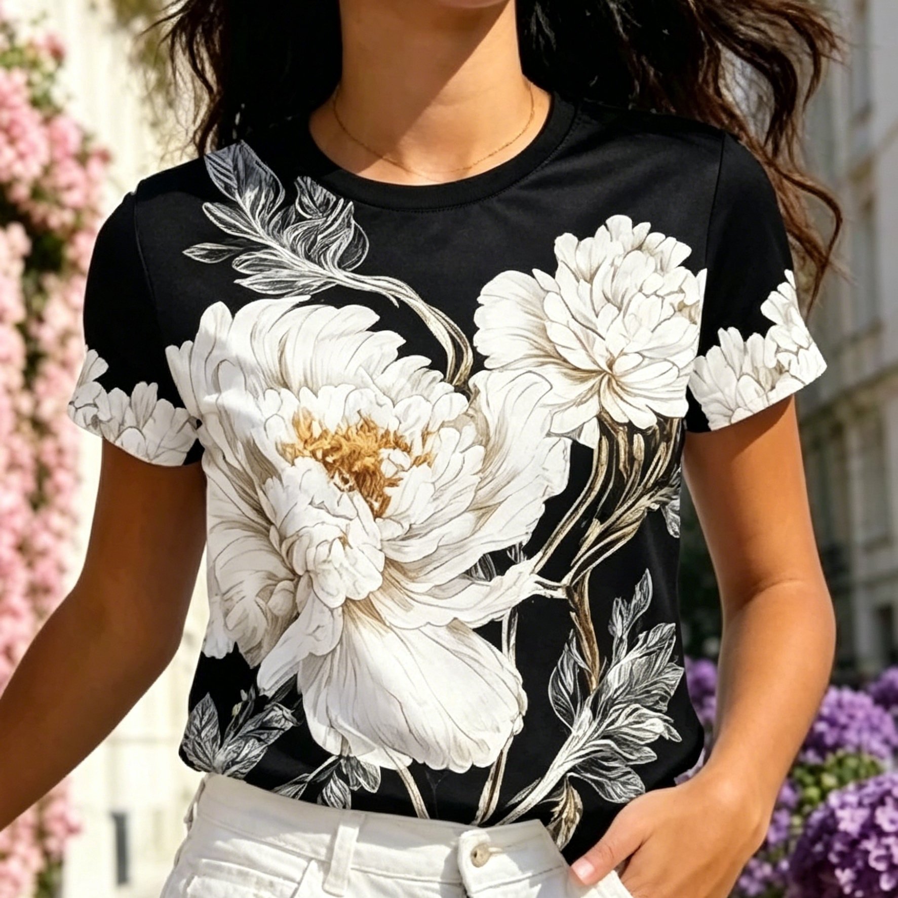 TEMU Women's Elegant T-shirt, White Peony And Golden Print, Short Sleeve Top, Breathable Casual Blouse, Machine Washable Summer Top, Black Background
