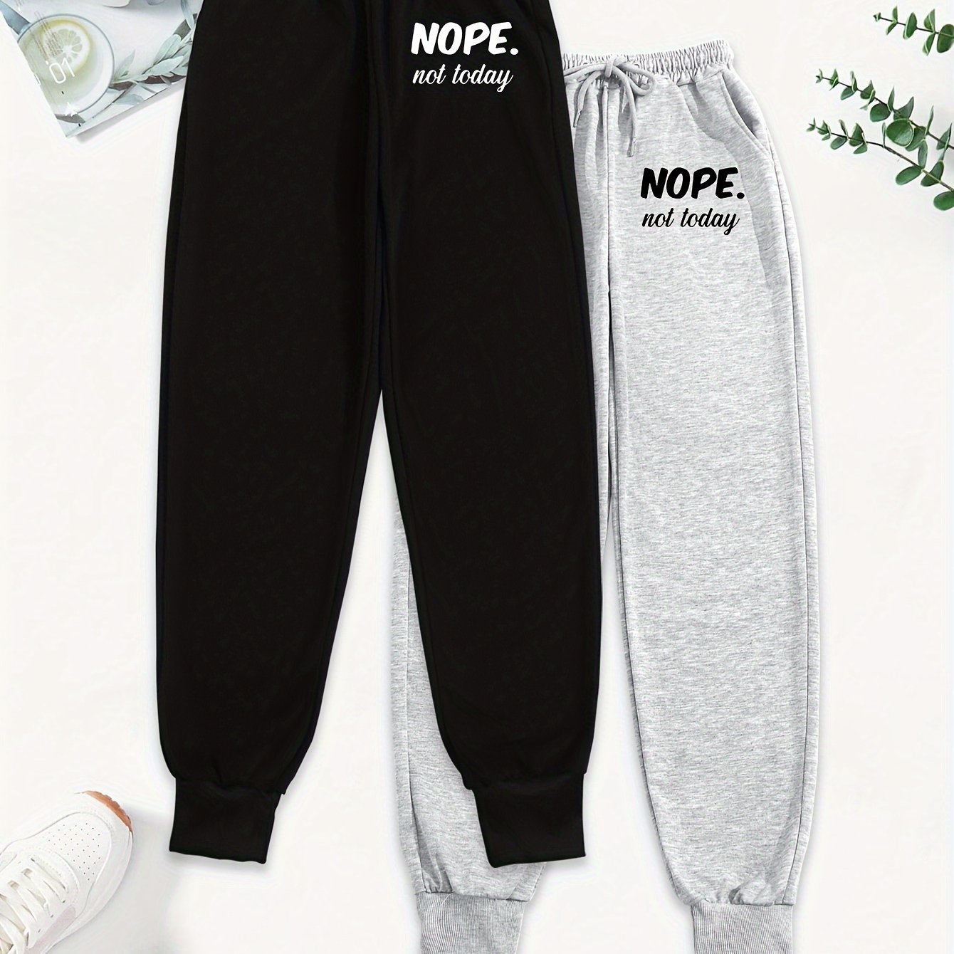 TEMU 2pcs, Letter Print Pants, Elastic Waist Casual Pants, Women's Clothing Winter; Christmas, Cyber Monday, New Year, Commuting, Casual Yet