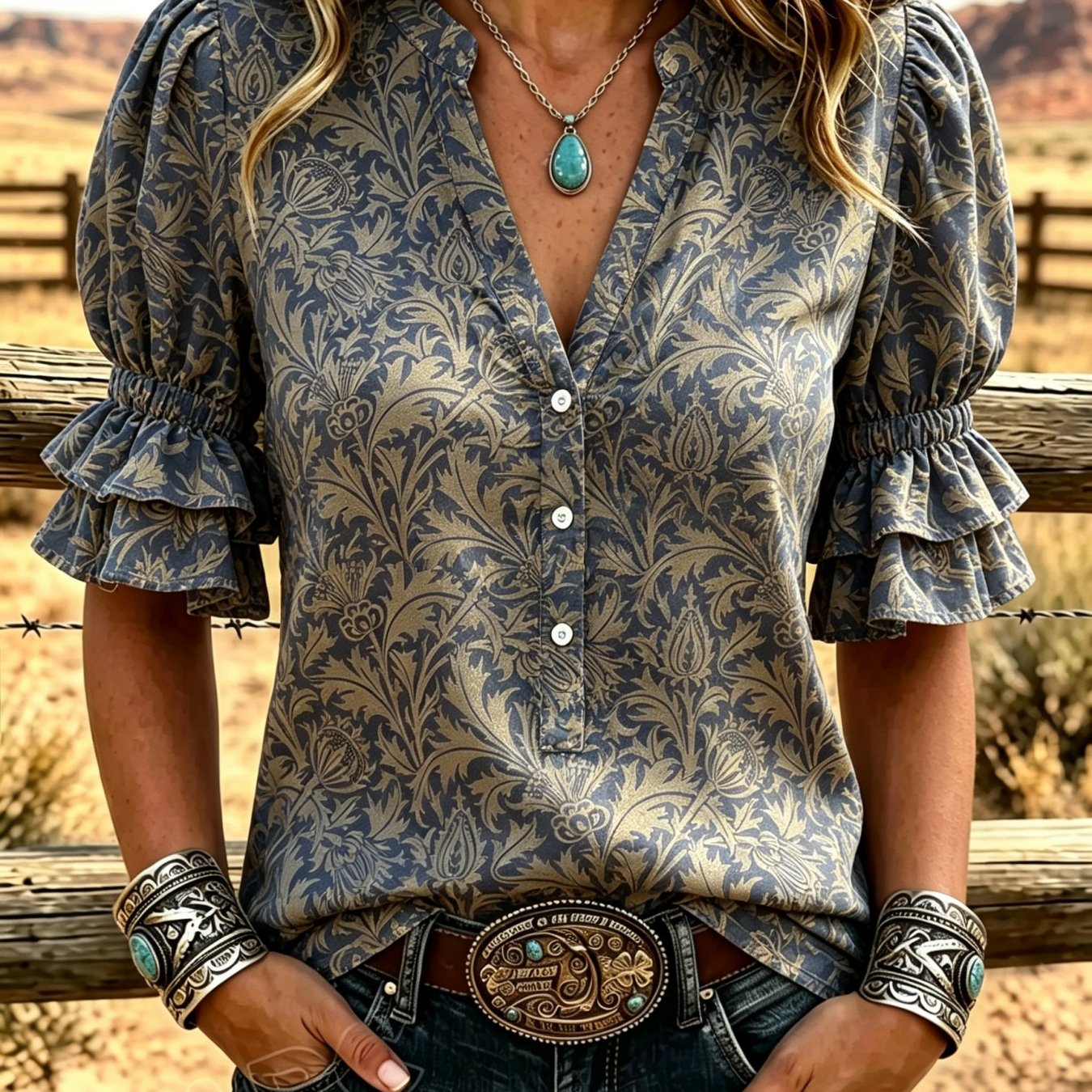 Image of Women's Summer V-neck Partial Button Blouse Floral Print Print, Puff Sleeves With Cuffs Elegant Casual Machine Washable Suitable For Daily Wear Party Gatherings Perfect Gift