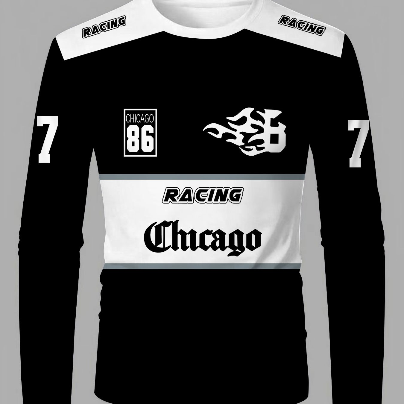 TEMU Chicago Racing-themed Long-sleeved T-shirt- Black And White Racing Car "chicago" Interprets The Speed Competition Style
