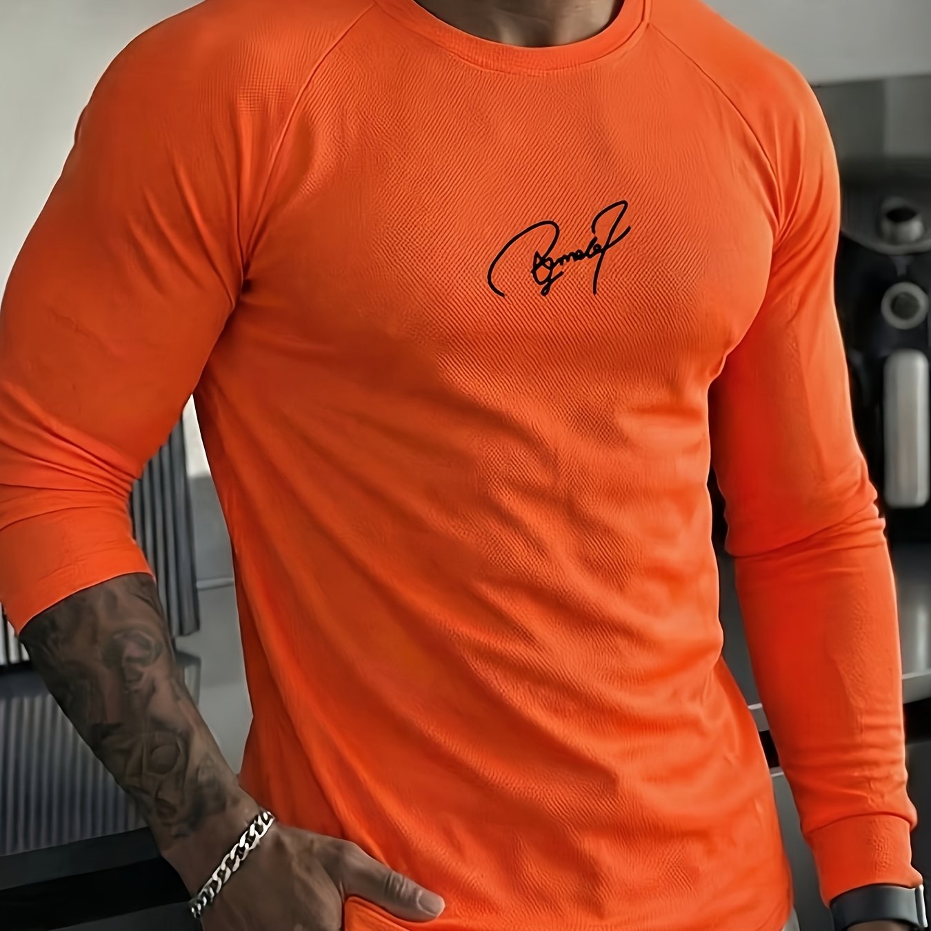 TEMU Kj--3 Men's Mesh Breathable Long Sleeve T-shirt, Round Neck Print Fitness Top, Quick Dry Athletic Base Layer