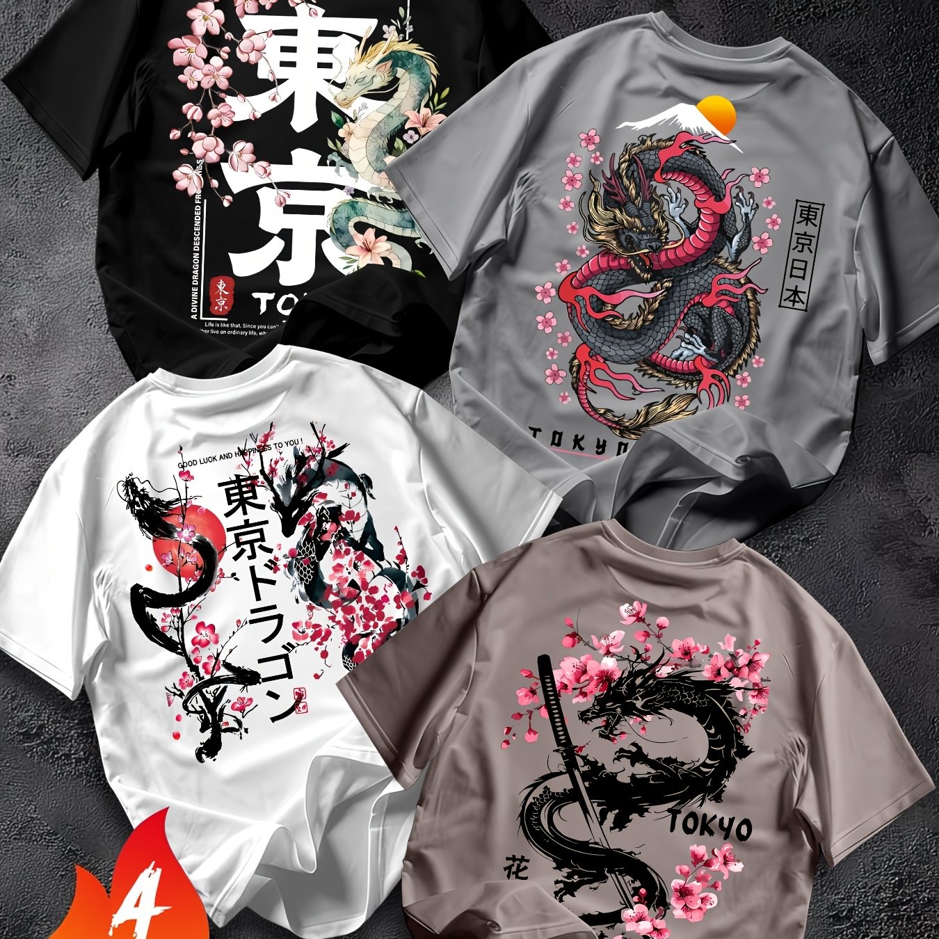 TEMU Ensemble 4 pièces pour homme avec T-shirt à col rond et imprimé, tenue d'été décontractée à manches courtes 4 pièces pour homme