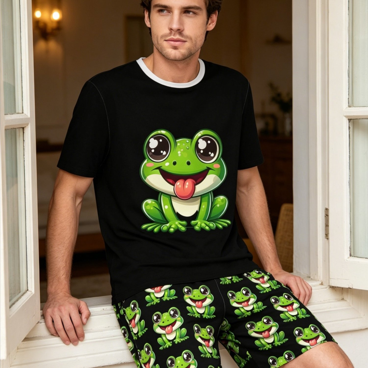 TEMU Fun Cartoon Frog Print Men's Short Sleeve And Shorts Pajama Set, Men's Set, Lightweight And Comfortable, Suitable For Summer Leisure And Home