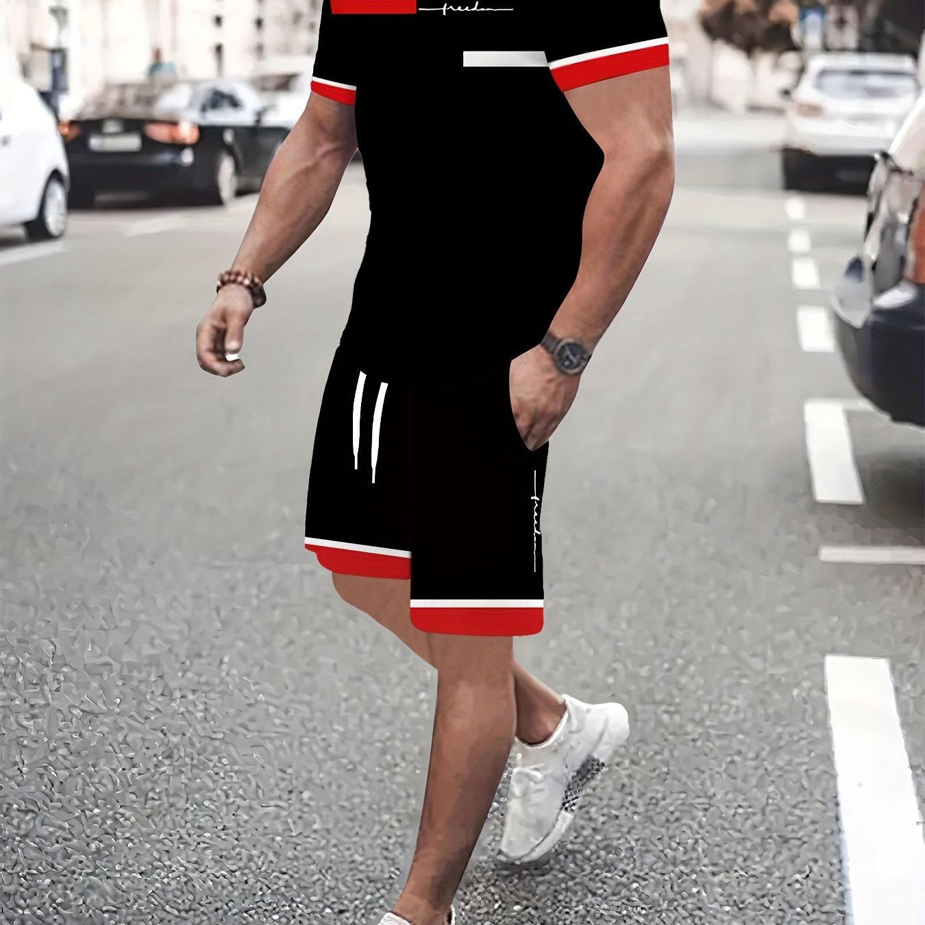 TEMU Conjunto Casual de Hombre Kebisi con Estampado Digital 3D de 2 Piezas: Camiseta de Manga Corta y Cuello + Shorts Deportivos con Cordón para