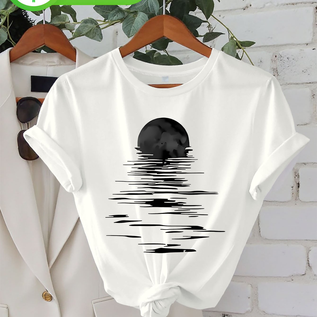 Plus Size, Moonlight Reflection Art Plus Size Women's Printed Casual Round Neck Short Sleeve Top