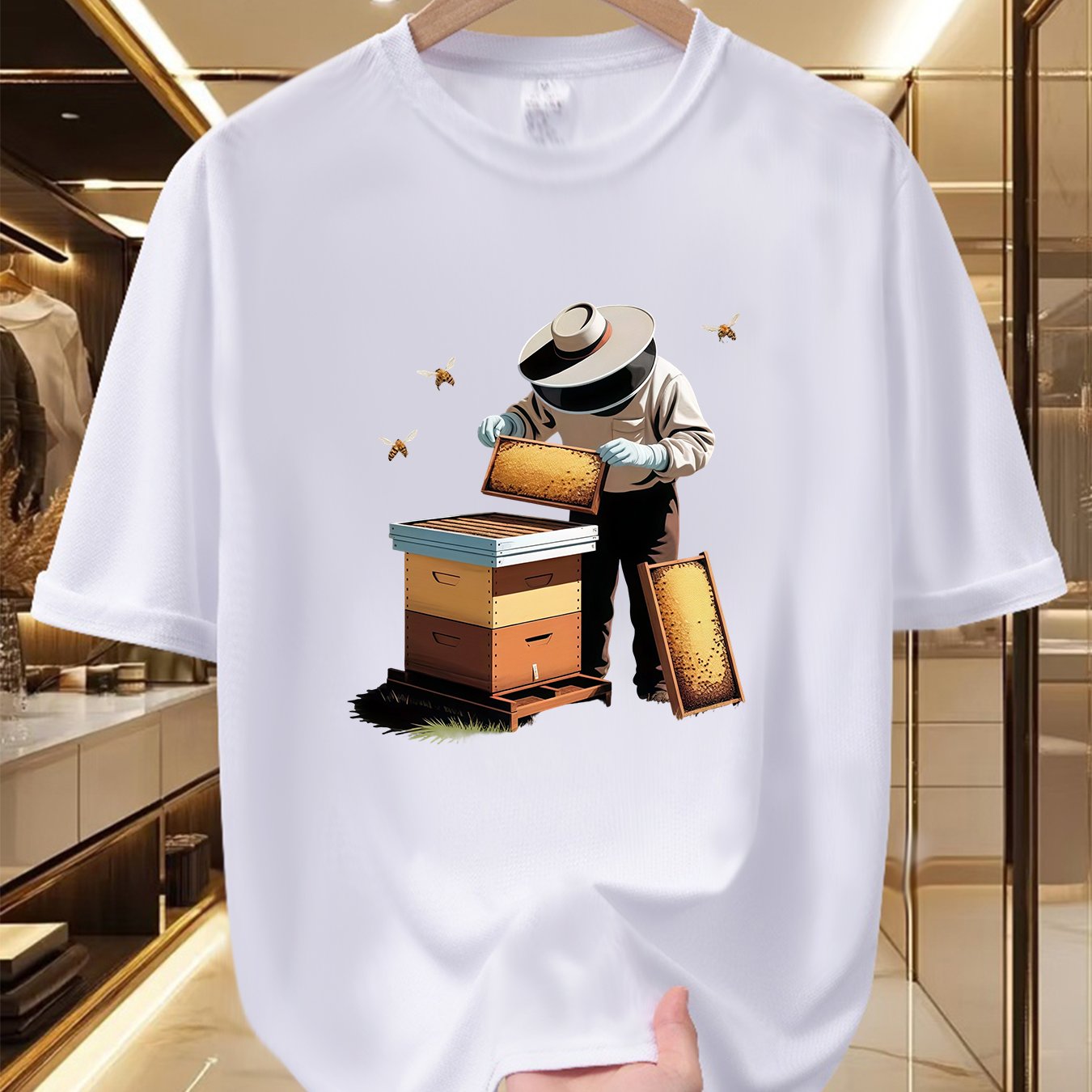 TEMU Men's Beekeeper T-shirt With & Beehive Print - Soft Breathable 100% Polyester Crew Neck Short Sleeve Shirt Suitable For Beekeeping, Honey