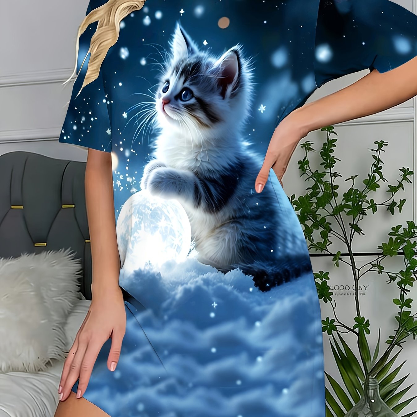 TEMU 【商品名】レディース ゆったり 半袖 ナイトガウン、星空ブルー 猫柄 ラウンジウェア、ソフト、肌に優しい、通気性、快適、外出にも着用可能、ホームパジャマ