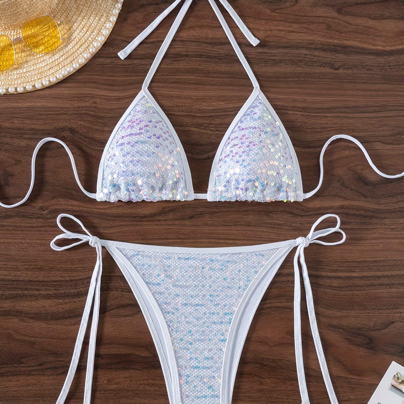 Western Women's Sequin Solid Color Bikini Triangle Halter Tie Back Sexy Swimsuit Pants Side Tie Bikini Set