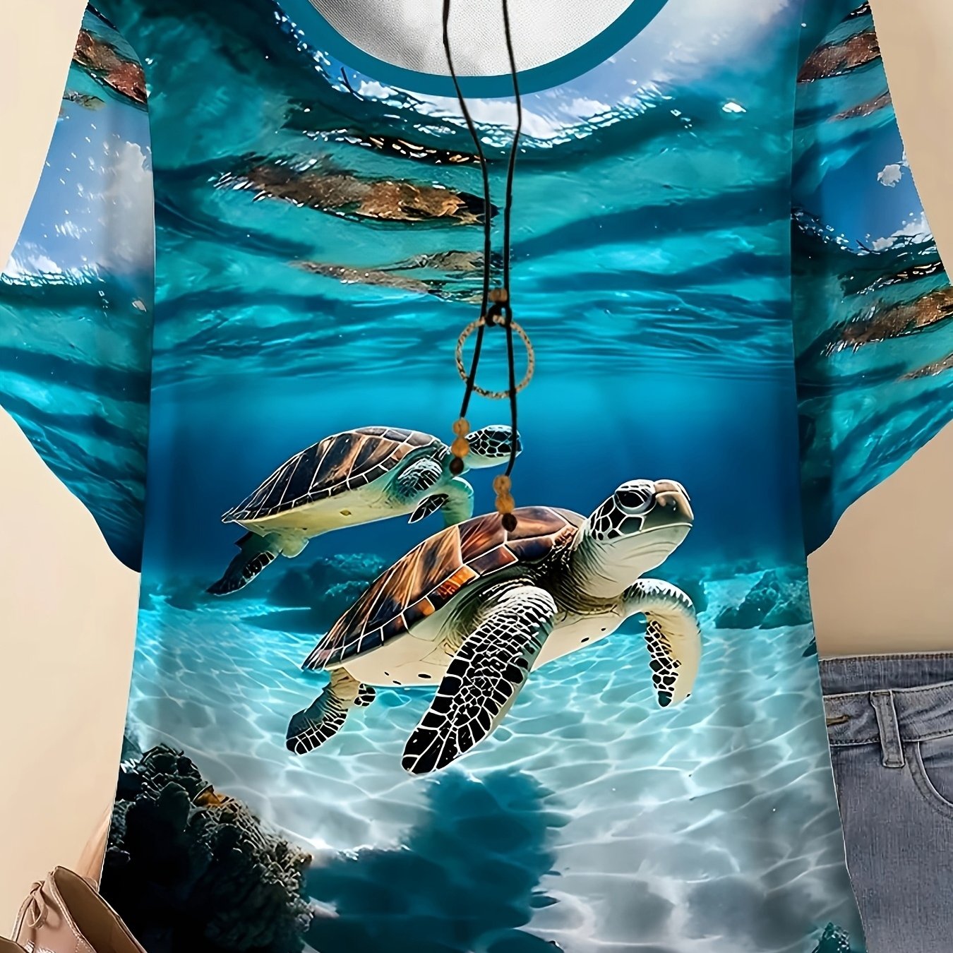 Plus Size, Plus Size Women's Casual And Elegant 3d Printed Turtle And Marine Animal Pattern T-shirt Dress- Round Neck, Short Sleeves, Machine Washable, Comfortable For , With And Fabric For Summer