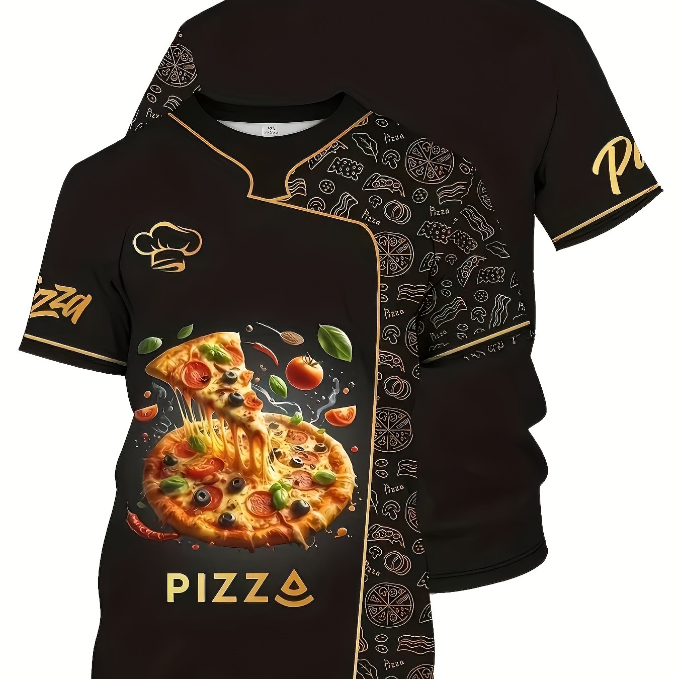 TEMU Men's & Women's Pizza-themed T-shirt - 3d Printed Pizza Toppings Design With & Suitable For Cooking, Breathable Crew Neck Casual Summer Top For
