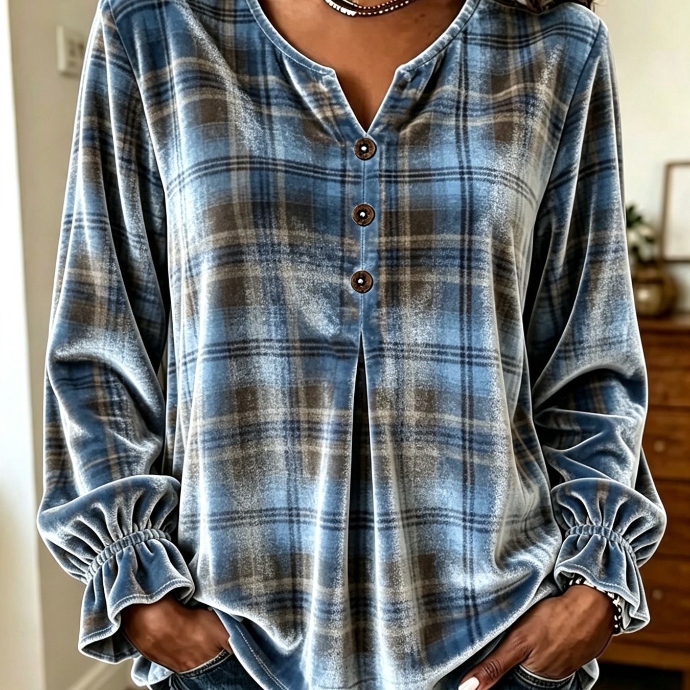 Image of Plus Size - Autumn, Plus Size Women, Printed Velvet Long Sleeve Pullover, Small V-neck Decorative Button Lotus Leaf Closed Sleeve Casual Top