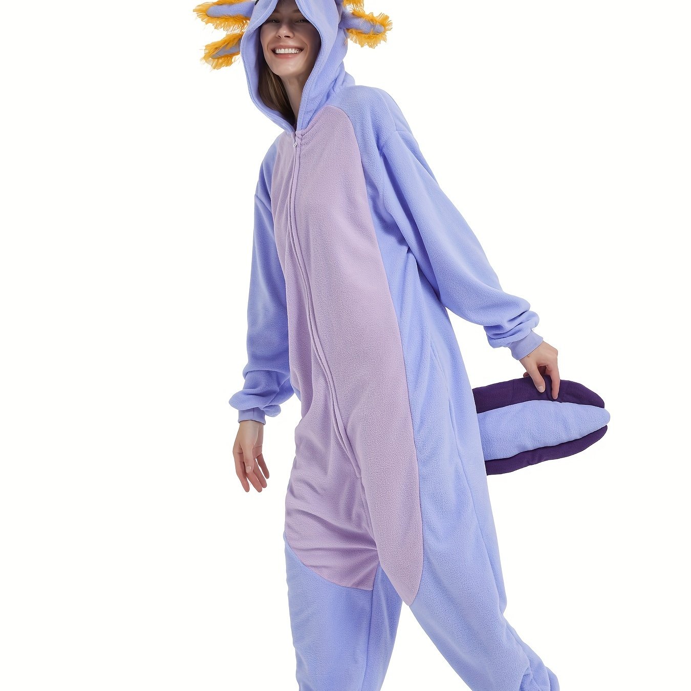 Image of A Unique Animal Onesie Suitable For Men And Women, Featuring Purple Salamanders For The Autumn And Winter . Are Women's , Thick Cartoon Hooded Jumpsuits, Character Costume Pajamas, And Gifts.