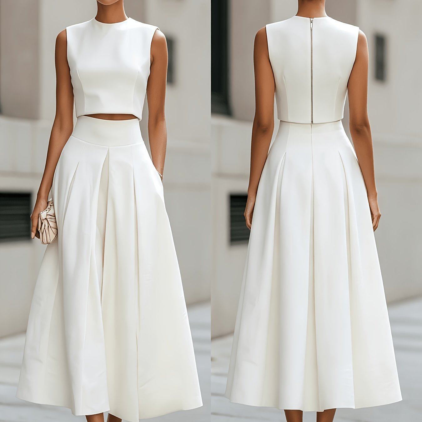 TEMU Women's Spring/summer Sleeveless Top And Skirt Set, High-waisted,, Suitable For Formal Daytime Events, Elegant Gatherings, Ceremonies, Weddings,