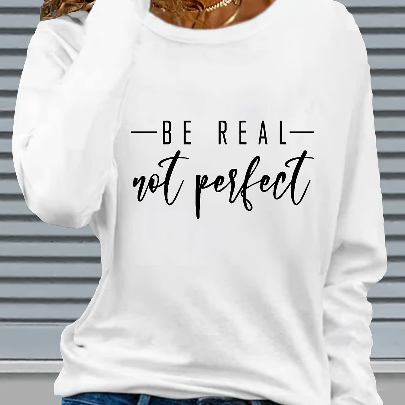 TEMU T-shirt à imprimé lettres, haut décontracté à manches longues et col ras du cou pour et , vêtements pour femme