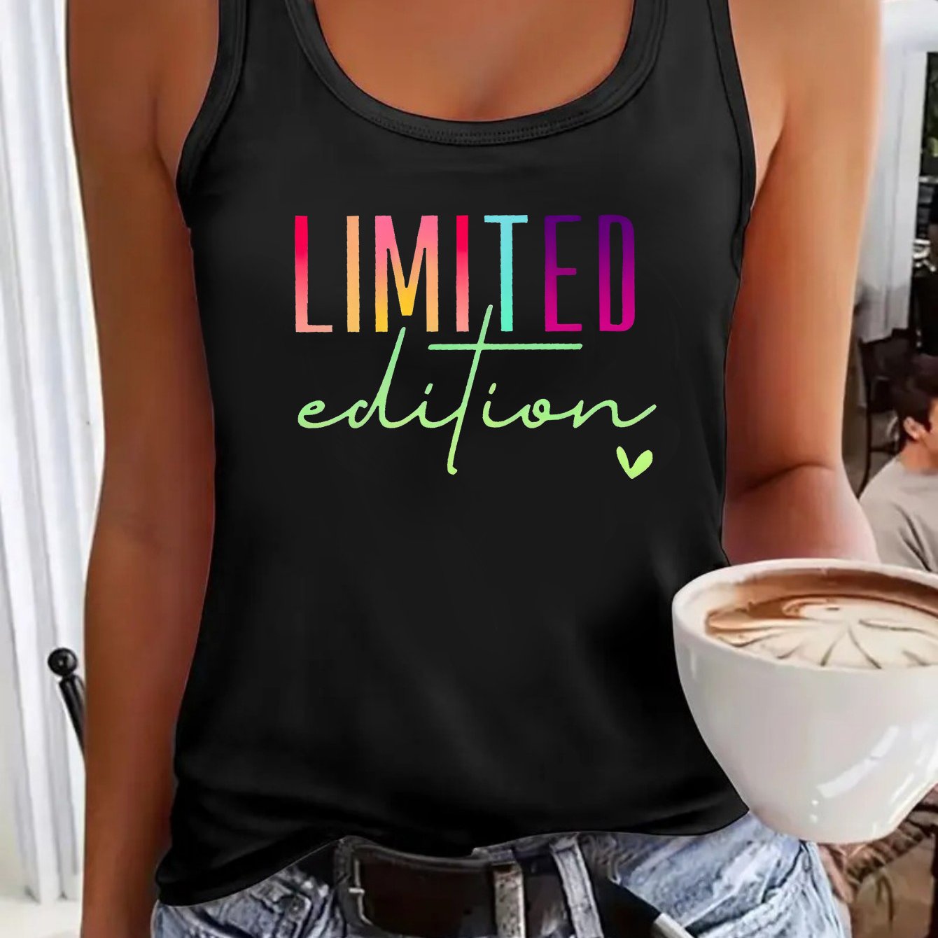 TEMU Damens Casual Edition Grafik-Tanktop - Lebhaftes Oranges Ärmelloses Shirt mit Buntem Schriftzug, Lockerer Sitz, Maschinenwaschbar,