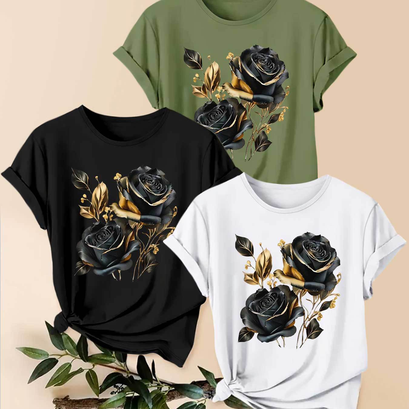 Image of 3pcss Beautiful Elegant Party Gift Women's Clothing Black Rose And Pattern 3pcs Set Party Elegant Fashion Casual Athletic Gift Soft Machine Washable Round Neck Short Sleeve Top
