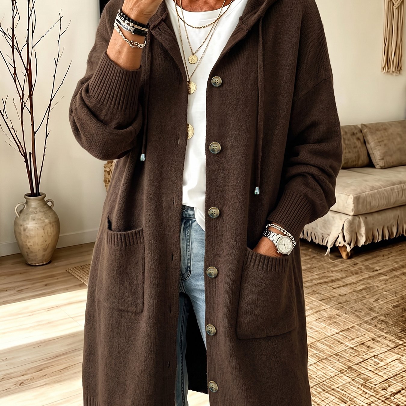 TEMU Women's /autumn Long Hooded Cardigan, Single-breasted Button With Patch Pockets, Drawstring, Loose Fit, Long Sleeves, Ribbed Cuffs, Soft And