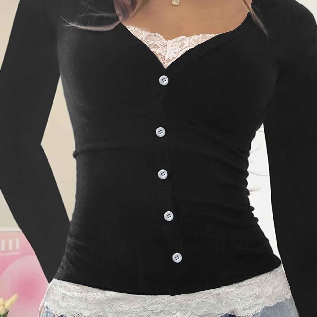 Image of Directional Yy0618005 Spring/autumn Easy Sexy Pure Desire Slim Lace Collar Heart Neck Long Sleeve Fake Two-piece Top