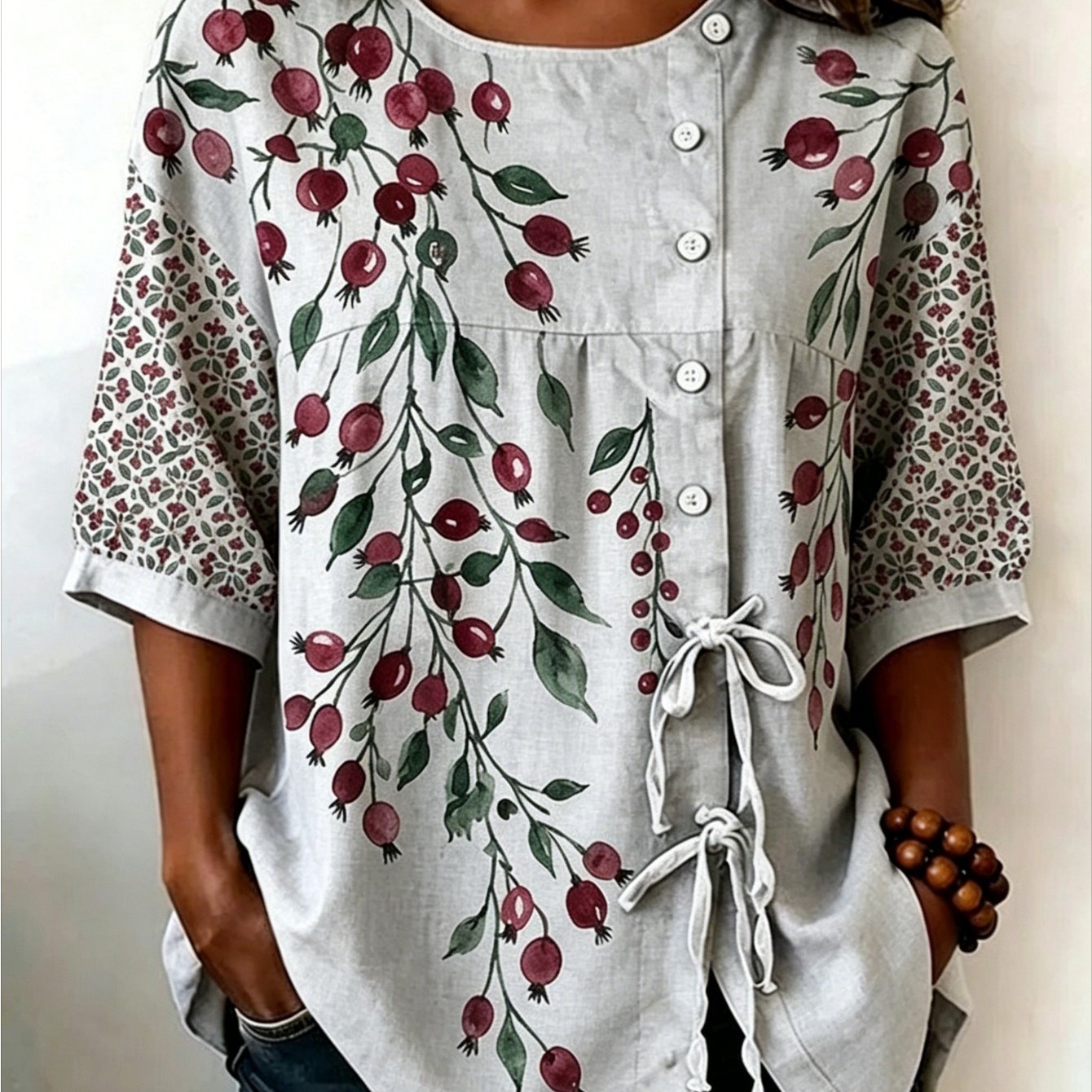 Plus Size, Women's Lace-up Shirt Top, Elegant Suit, Red And Brown Ethnic Print Shirt, Elegant Casual Wear, Elegant Suit, Suitable For Daily Leisure, Is For Her