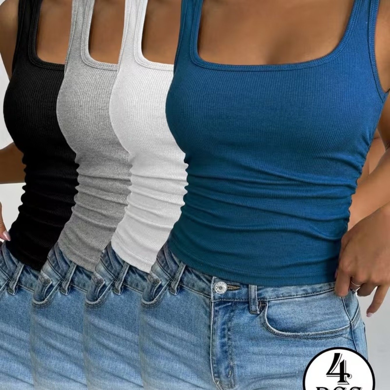 4pcs Beautiful Back Threaded Vest | Women's Fitted Solid Color Crew Neck Sleeveless Pullover Bottoming Shirt For Spring And Autumn, High Stretch Fabric, Casual Wear