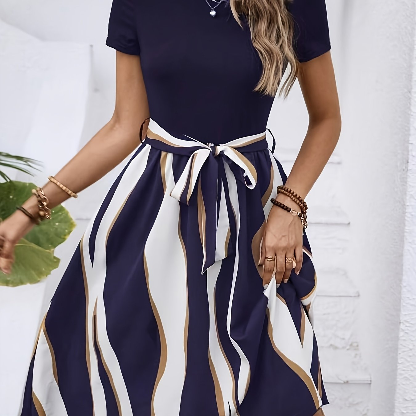 TEMU Summer New Fashionable Casual Elegant Vacation Home Beach Date Splicing Printed Dress