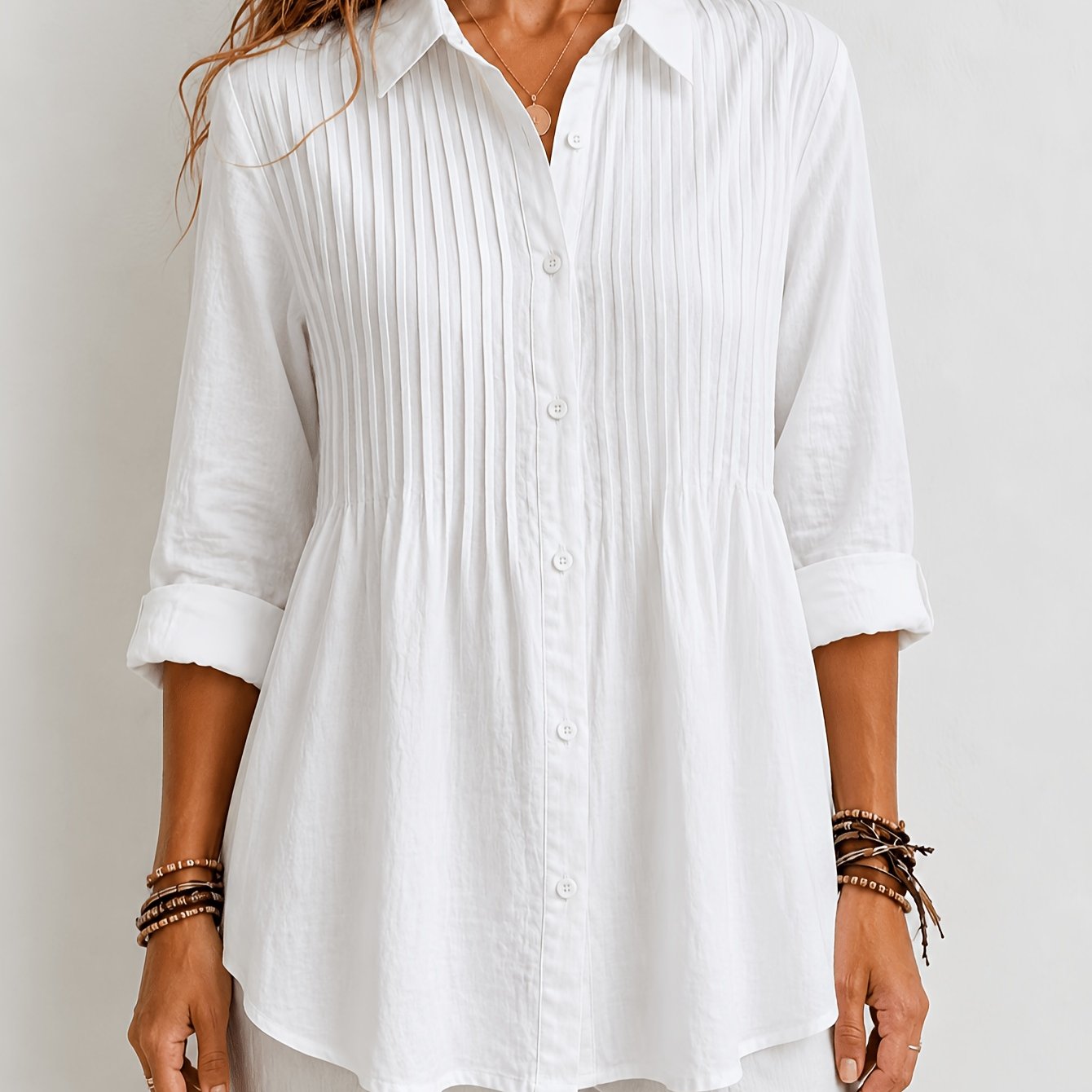 TEMU Camisa elegante de mujer con cuello y botones con panel de pliegues verticales - Top de ajuste holgado, cuello y panel de color liso, adecuada