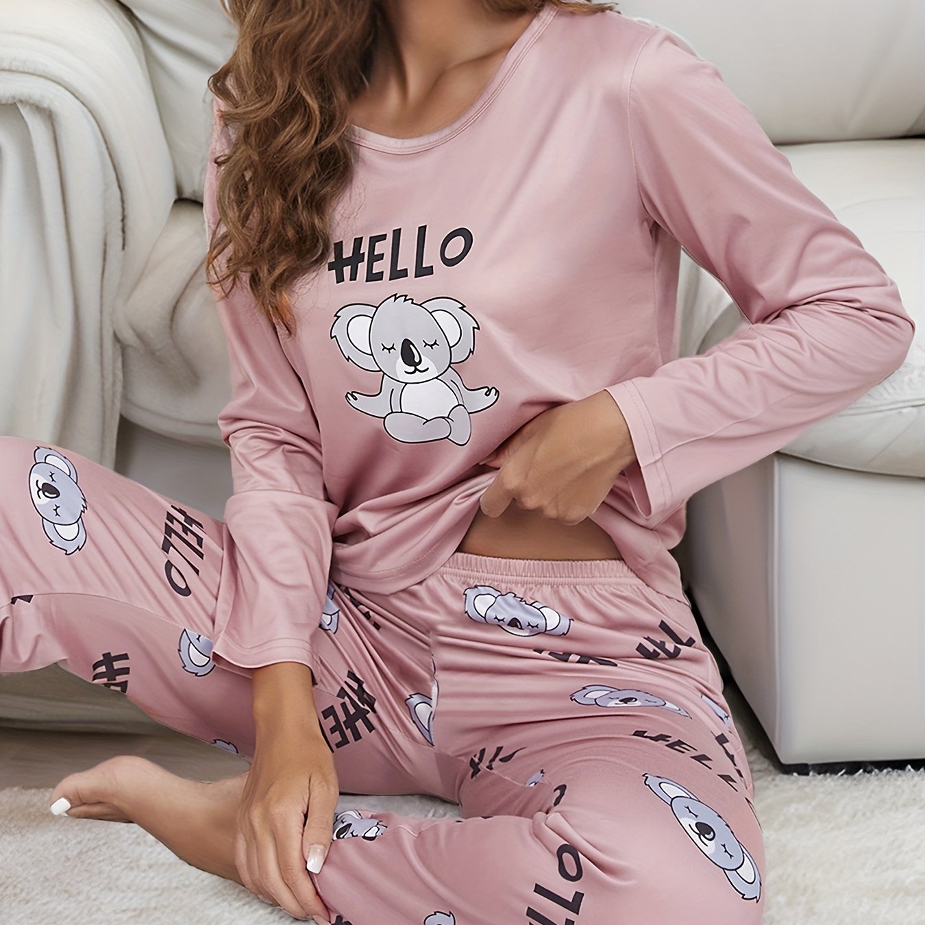 Cartoon Koala Print Pajama Set Long Sleeve Crew Neck Top - Temu Canada