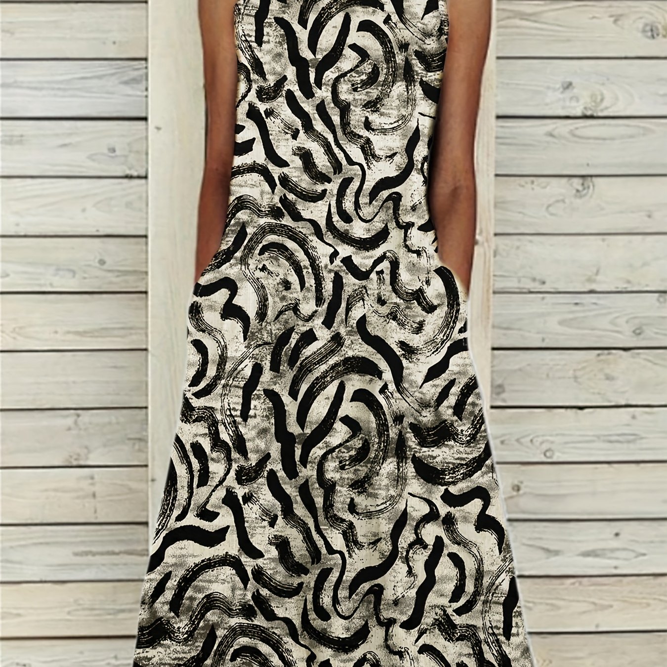 Women's Casual Round Neck Sleeveless Printed A-line Loose Long Dress