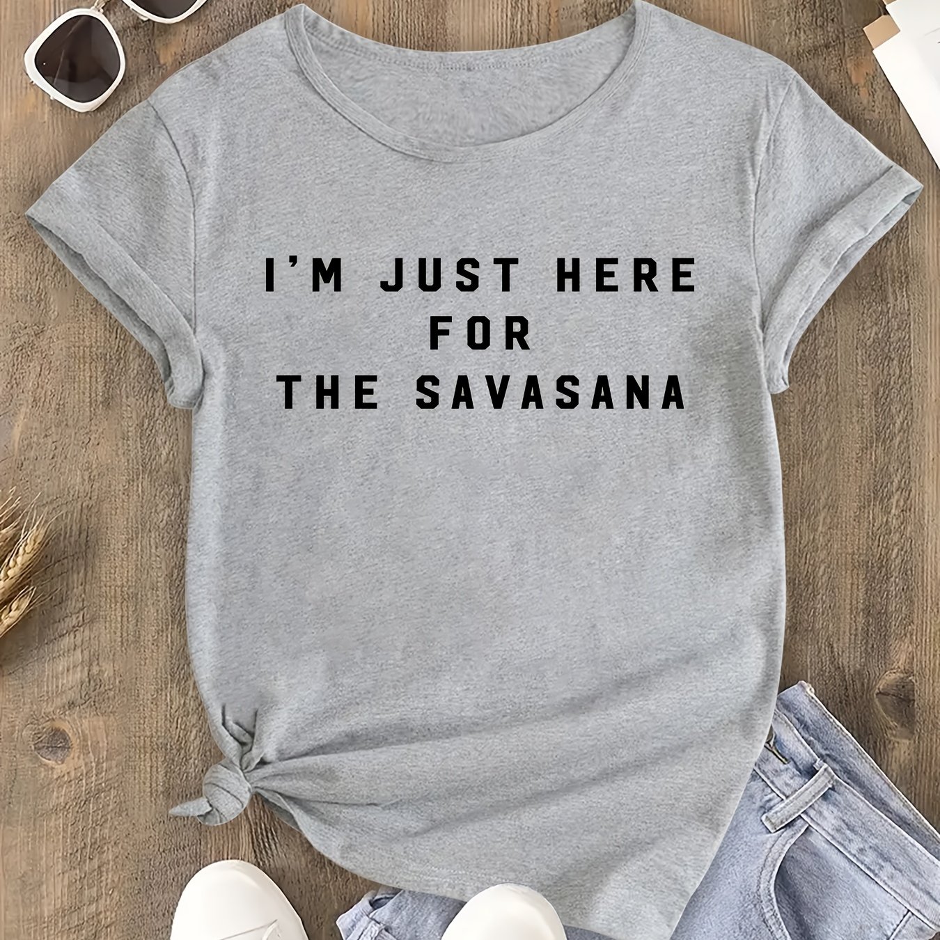 TEMU Women's "i'm Just Here For The Savasana" Print Loose-fit Casual Summer T-shirt, Soft Breathable Fabric, Yoga Top, Plus Size